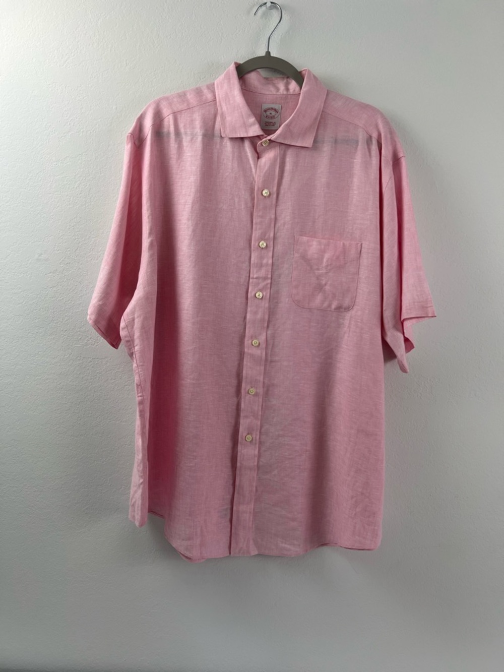Brooks Brothers Pink Traditional Fit Irish Linen Short Sleeve Summer Button Down